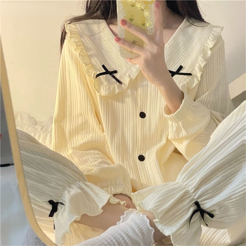 Women's Sleepwear Sweet Long Sleeve Pajama Sets Women Loose Casual Stylish Chic Homewear Single Breasted Ins Cute Bow Princess Nightwear 230310