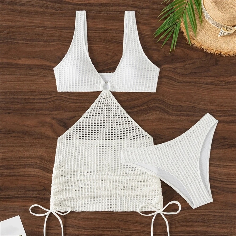 Sexy Crochet Bikini White Y2K Hollow Swimsuit Drawstring Knit Skirt Hole Vacation Swimwear Tanga Women Beach Outfit Bathing Suit 250421