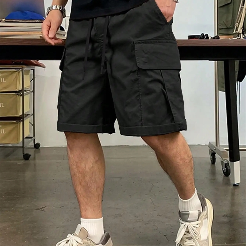 Mens drawstring cargo shorts lightweight large flap wing pocket loose trendy shorts mens work pants outdoor 241231