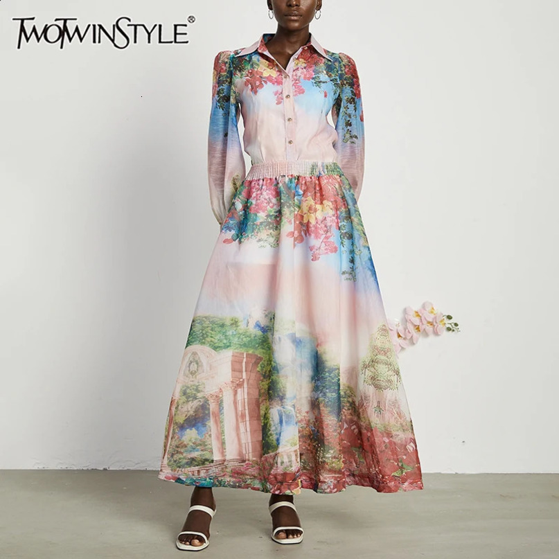 TWOTWINSTYLE Colorblock Printing Two Piece Set For Women Lapel Long Sleeve Top High Waist A Line Skirt Formal Sets Female 240727