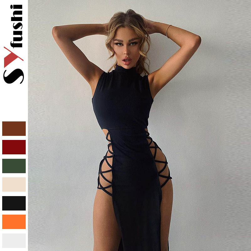 American Style Summer Women's Half High Neck Vest Slim Sleeveless Split Sexy Hot Girl Dress