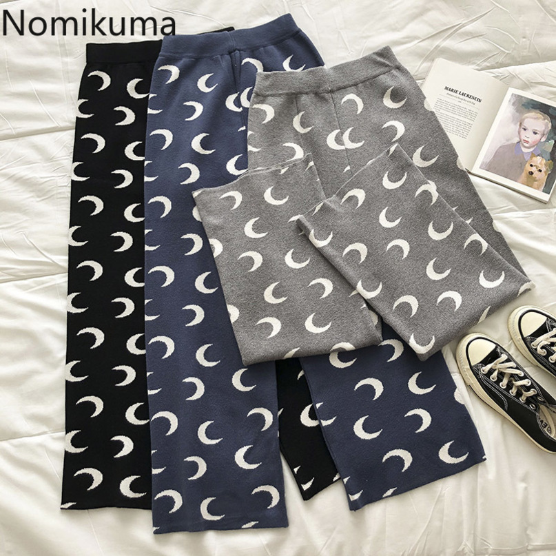 Nomikuma High Waist Knitted Women Pants Causal Korean Moon Printed Long Trousers New Fashion Sweater Wide Leg Pants 6E078 210427