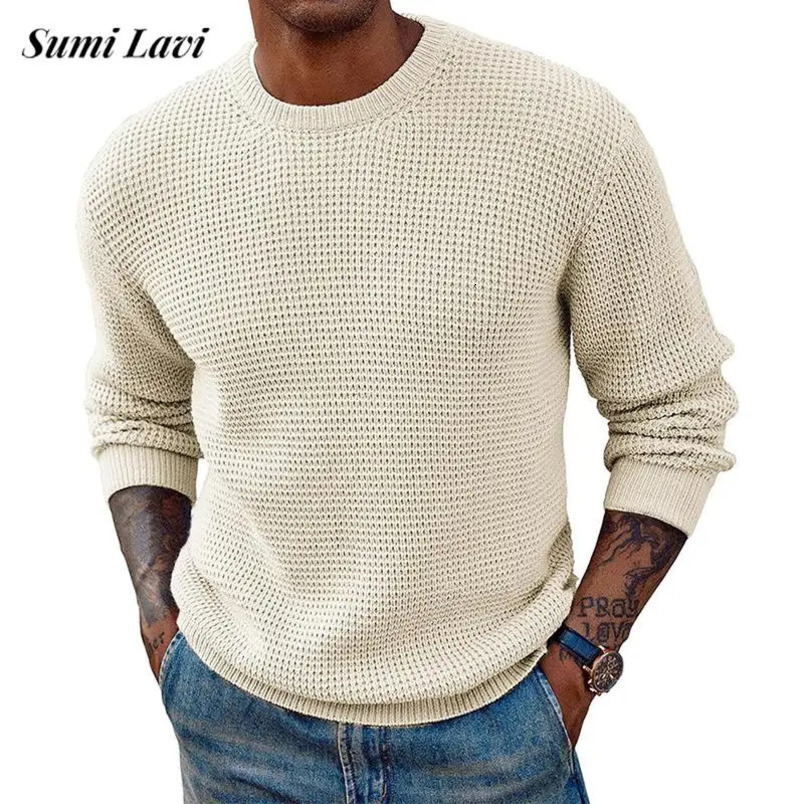 Fashionable solid color knitted jumper top mens retro O-neck long sleeved knitted sweater spring/summer sweater 240930