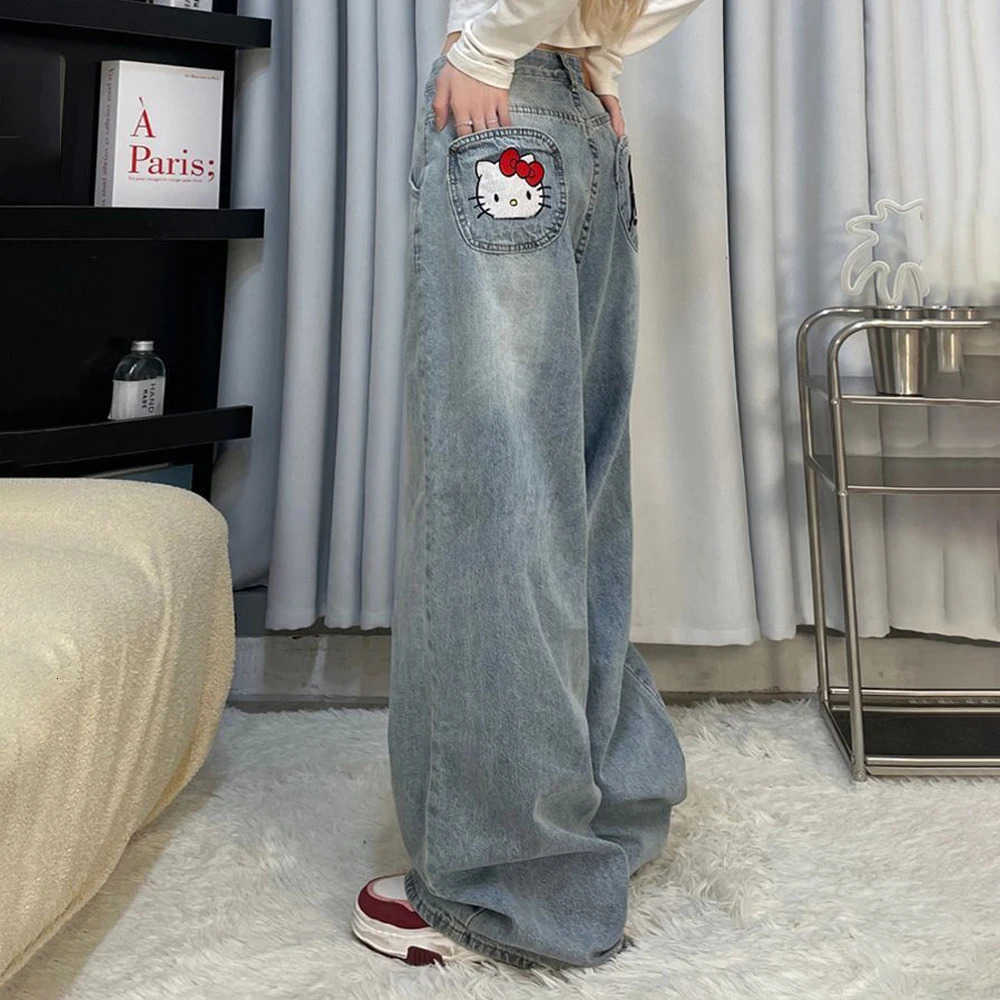 Sanrio Y2K Hello Kitty Girls Jeans Cotton Wide Leg Pants Sanrioed Cartoon Kt Women Straight Leg Trousers Cute Retro High Waisted Jeans L250925