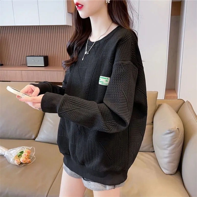 Spring and Autumn Fashion Korean Edition Solid Waffle Round Neck Loose Versatile Simple Slim Womens Long Sleeve Sweater 250206
