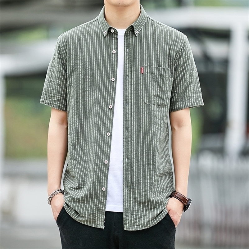 Men's Casual Shirts Arrival Striped Shirt Half Sleeve Men's Slim Fit Casual Short Sleeve Men's Single Pocket Men's Shirt Chemise M