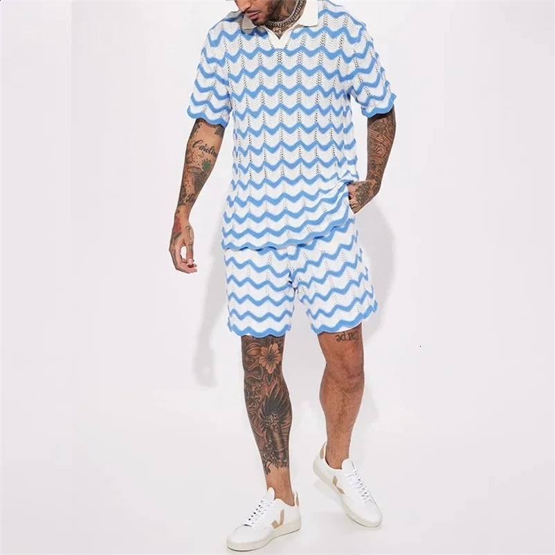 Summer Mens Knitted Fashion Printed Shirt and Shorts Two Piece Set for Sports and Leisure Mens Wear 241203