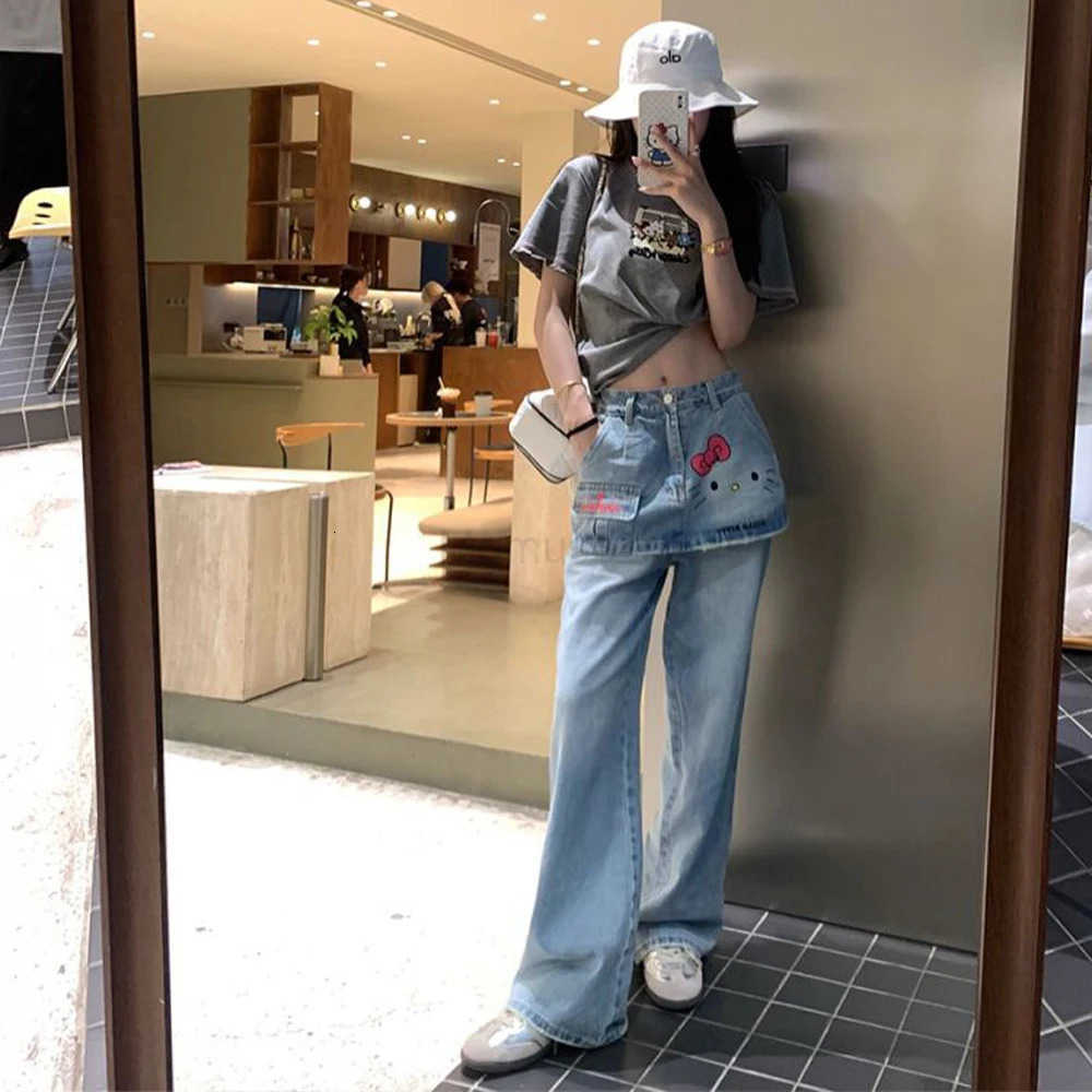Sanrio American Print Hello Kitty Jeans Cute Female High Wais Long Pants Summer New Retro Loose Look Thinner Straight Trousers L250925