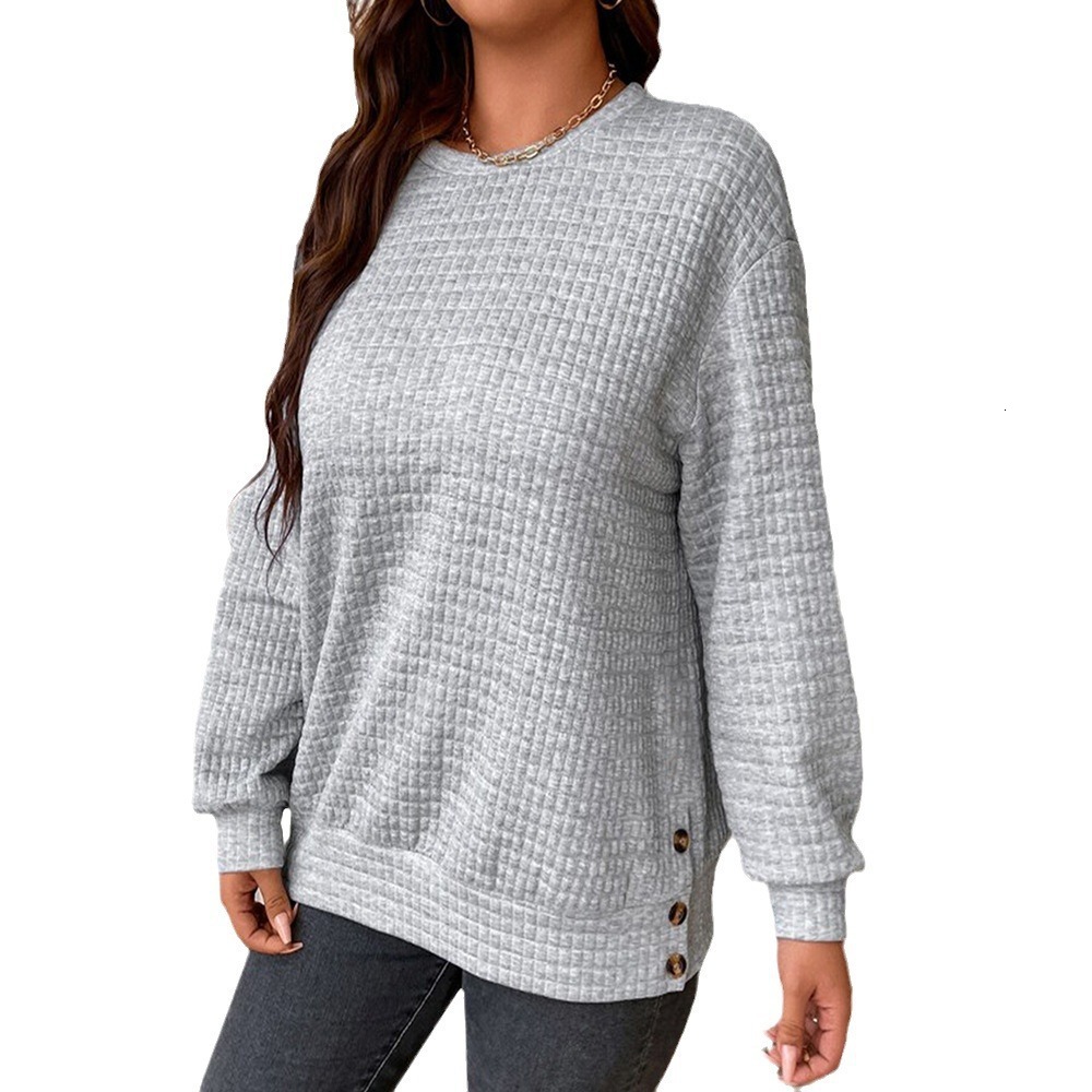 Autumn Winter New Women's Clothing Solid Color Loose Plaid Button Round Neck Pullover Patchwork Long Sleeve Sweatshirt for Women