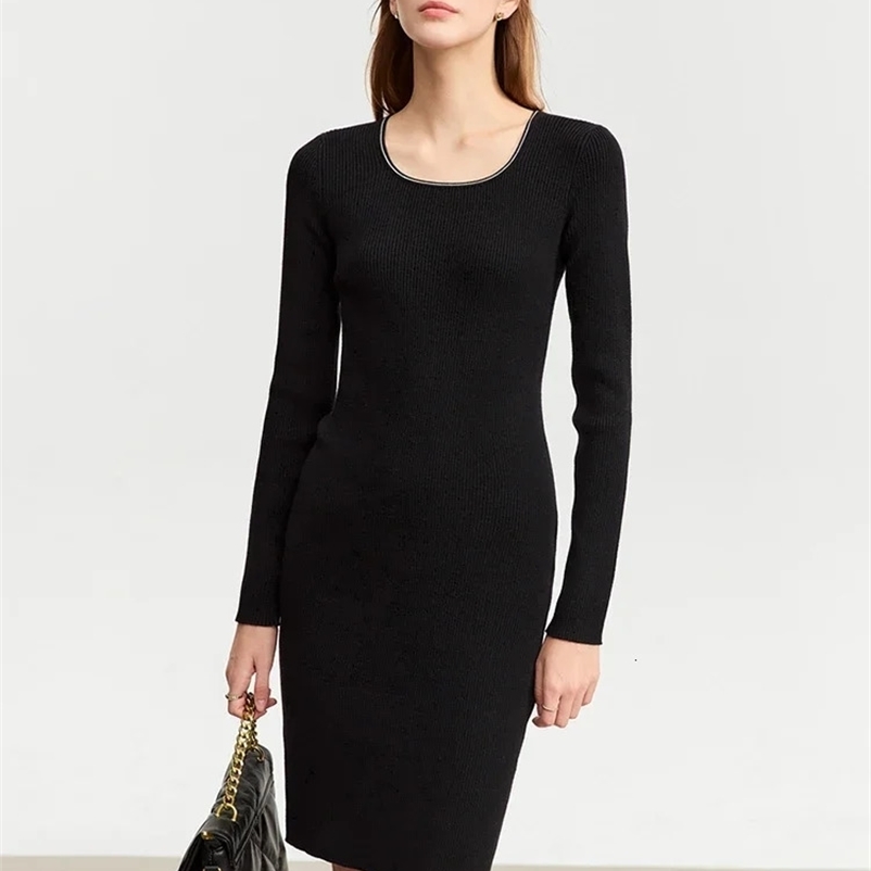 AMII Autumn Womens Dresses Warm Color Block Patchwork U Neck Slim Fit Knitted Straight Dress For Lady Trendy 12343421 240703