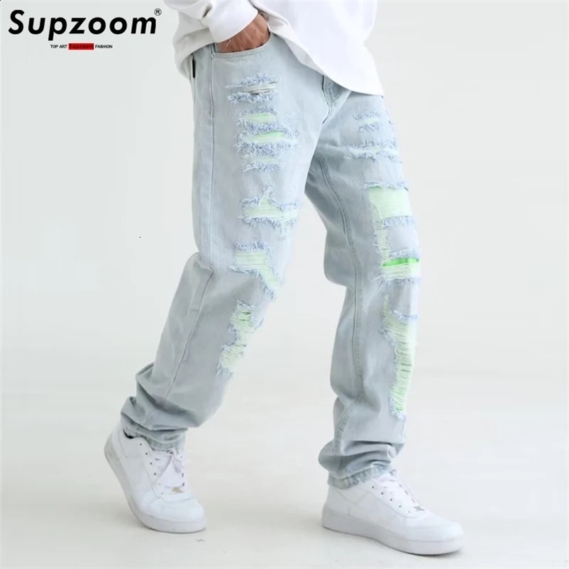 Supzoom has arrived at the top of fashion in autumn washing light white personalized eyelets patch fabric casual denim heart empty jeans 241203