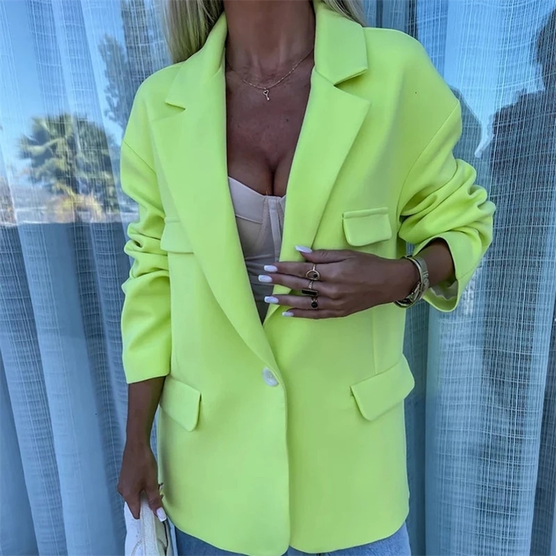 Women Elegant Lapel Collar Blazer Coat Office Fashion Single Button Solid Outerwear Spring Fall Casual Long Sleeve Loose Jackets 240229