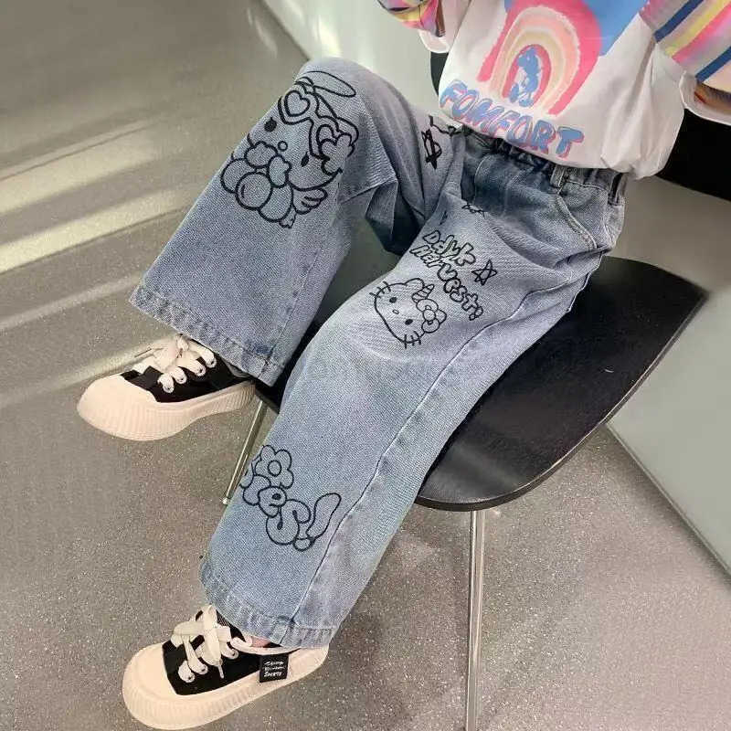 Sanrio Hello Kitty Jeans Straight Pants WideLeg Girl Children Spring Fall Kawaii Anime Cartoon Fashion New Hot Casual Clothing L250925