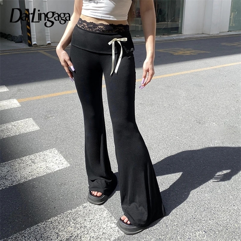 Darlingaga Casual Black Skinny Lace Spliced Basic Women Pants Bow Yoga Soft Gym Bow Harajuku Full Length Flared Trousers Bottoms 250304