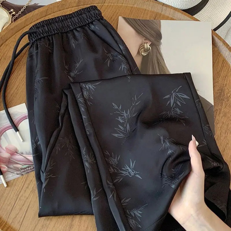 Womens Jacquard Loose Casual Pants Summer Thin Retro Solid Color Elastic Waist Wide Leg Pants 250427