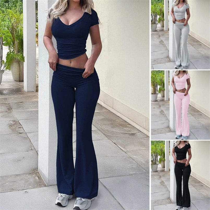 Summer Womens Clothing Set Women Solid Color V Neck Short Sleeved T-shirt for Women Slim Fit Long Pants Womens Two Pieces Set 250320