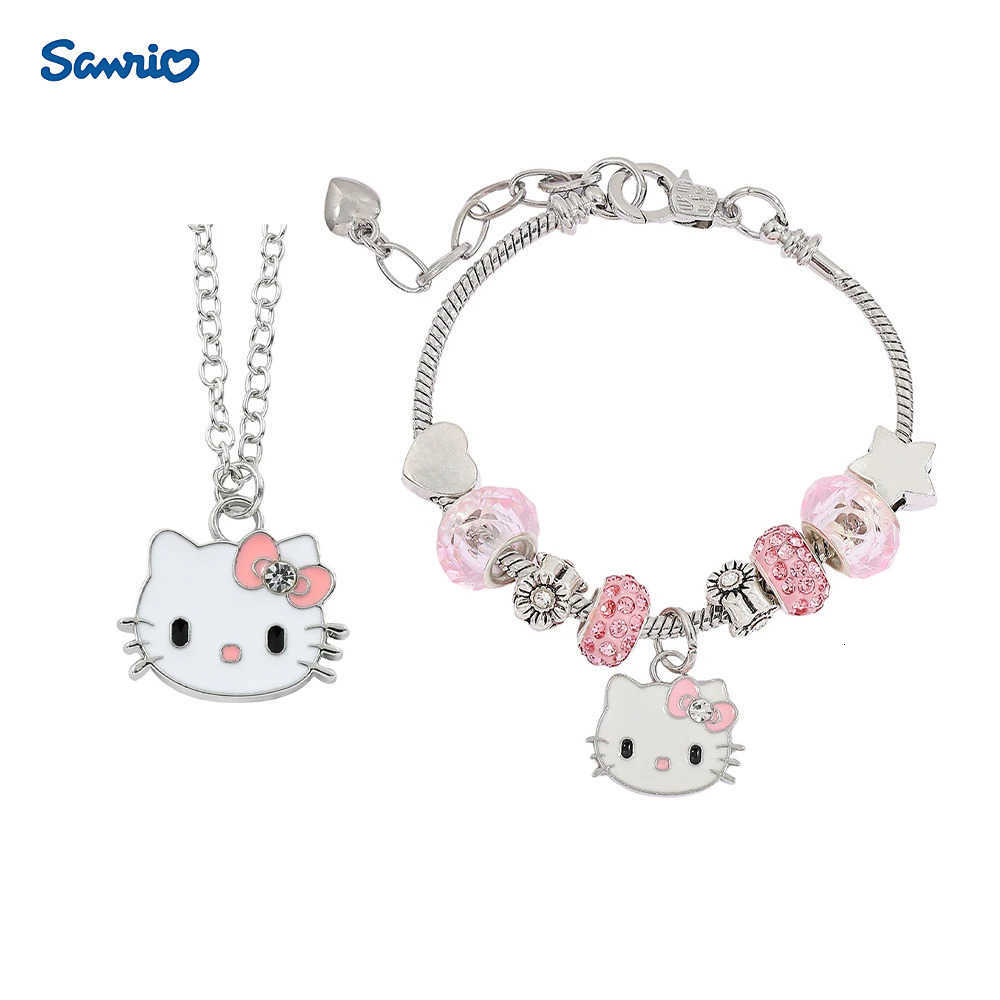 Sanrio Hello Kitty Alloy Pendant Necklace Bracelet Set Adjustable Cute Cartoon Anime Jewelry Gift for Women L250925