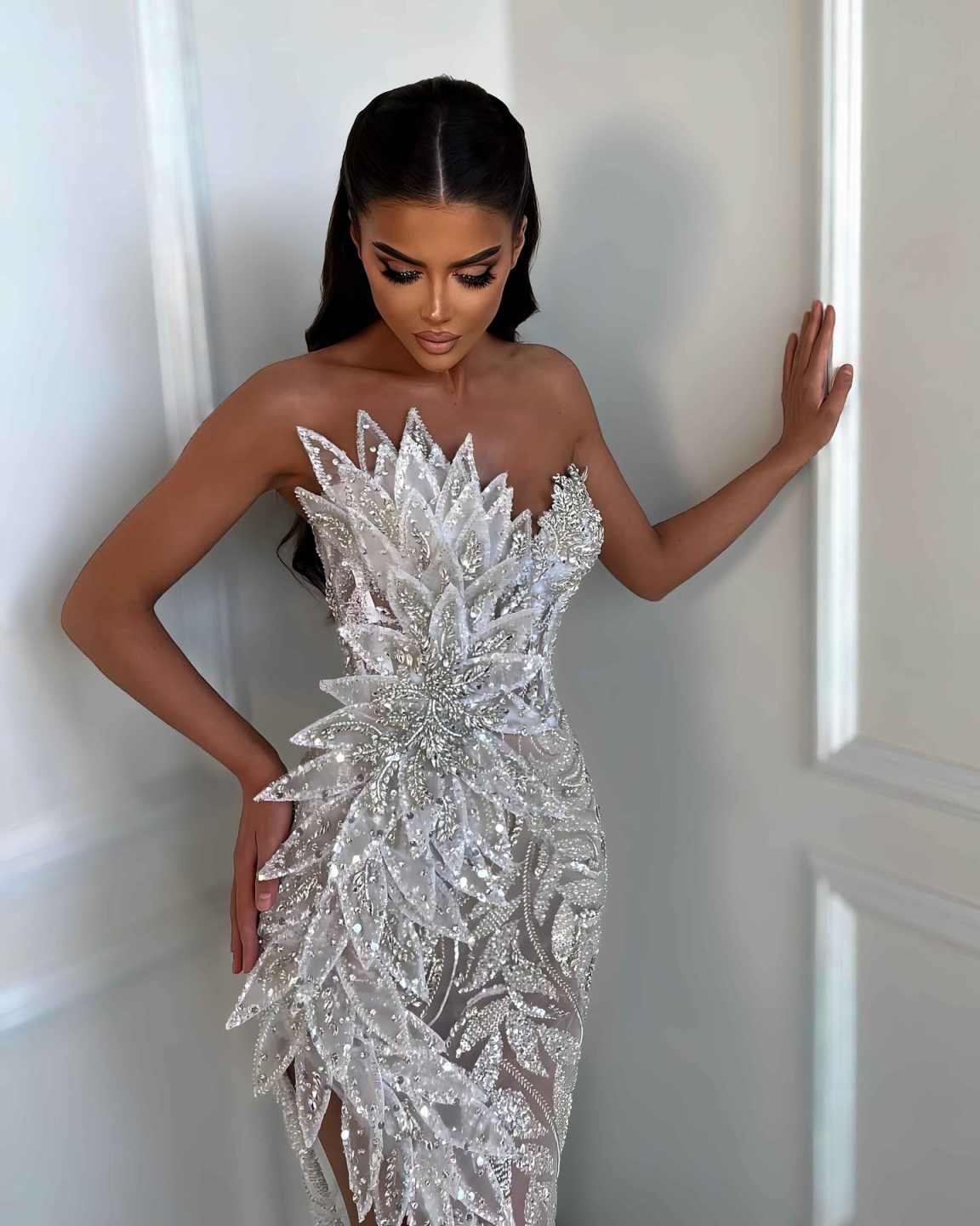 Couture Handmade 3D Leaf Party Dress Sparkle Dubai Side Slit Prom Gown Vestidos De Fiesta Night Gown Customized Birthday