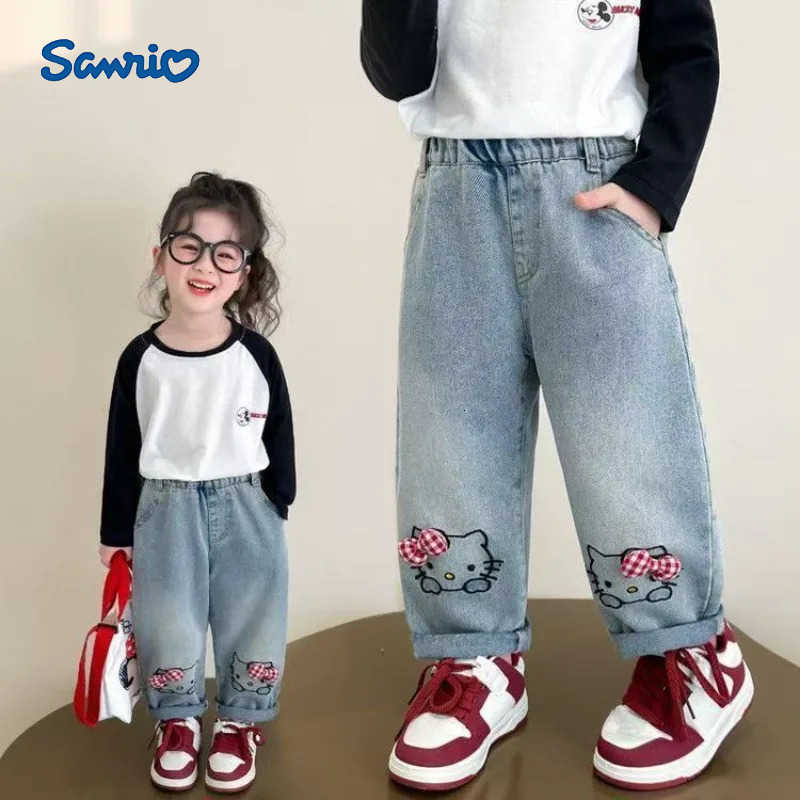 Sanrio Autumn Kawaii Hello Kitty Cute Cartoon Children Jeans Student Comfortable Warm Pants Loose Pants Birthday Gift for Kids L250925