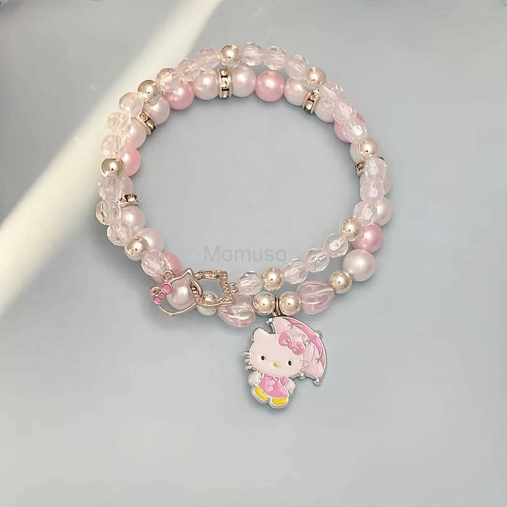 Sanrio 2Pcs Anime Bracelet Set Y2K Hello Kitty Kawaii Cartoon Crystal Beads Bangle Jewelry Gift For Girls Student Accessory L250925