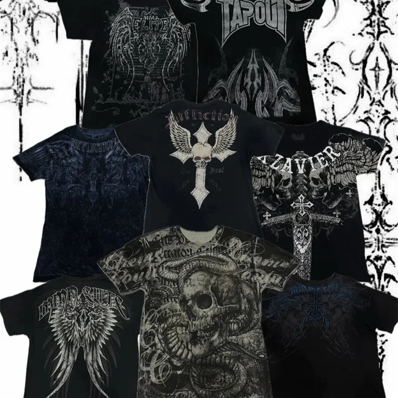 Round neck hip-hop pattern printed mens retro streetwear T-shirt Y2k Gothic Harajuku fashionable loose short sleeved top 241231