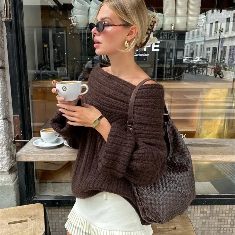 Womens sexy solid single neck ribbed sweater fashionable off shoulder long sleeved knitted pull-out autumn womens fashion street knitted 241231