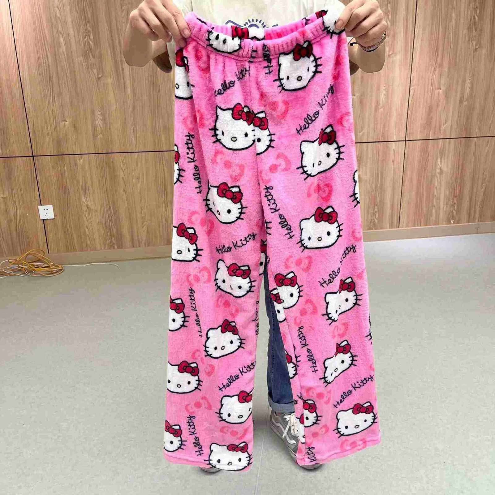 Sanrio Hello Kitty Pajamas Pants Black Pink Anime Flannel Women Warm Woolen White Cartoon Casual Home Pants Autumn Girl Trousers L250925