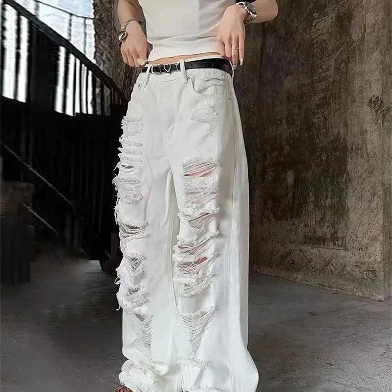 ADAgirl White Ripped Baggy Jeans Women Hole Wide Leg Straight Denim Pants Hip Hop Summer Slouchy Trousers Loose Causal Korean 250225