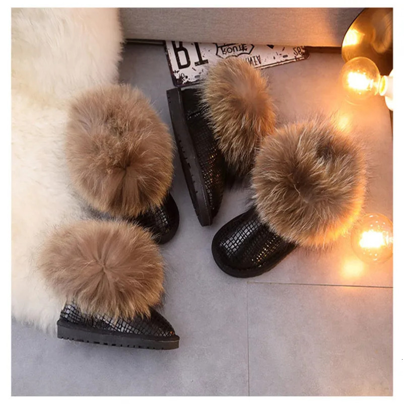 Fox Fur Boots For Girls Boys Snow Boots Genuine Leather Winter Warm Childrens Shoes Plush Fur Botas Kids Zapatos 241219