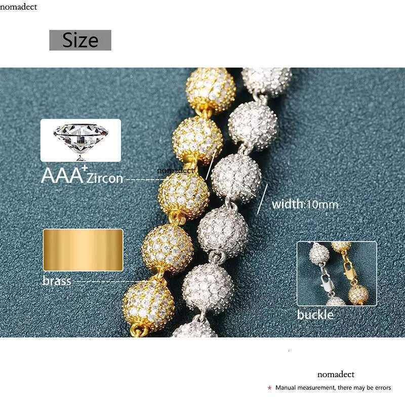 Bulk Wholesale Hip Hop Brass 10mm Dia Gold Plated Mrice Paved Moissanite Bead Necklace Women Men Jewelry f9