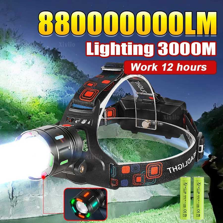 8800000LM High Power Strong Light LED Headlight 18650 Rechargeable Headlamp Long Shot 3km Fluorescent Camping Fishing Head Torch J250925