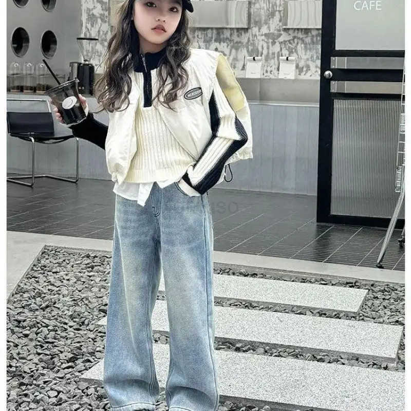 Sanrio Girl Casual Jeans Hello Kitty Kawaii Anime Fashion Spring and Autumn Student WideLeg Cowboy Pants Children Clothing New L250925