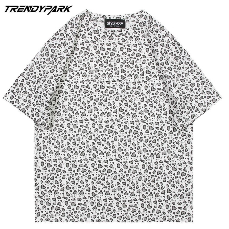 Men's Hip Hop Tshirts Little Hearts Leopard Pattern Short Sleeve Shirts Streetwear Harajuku Casual Cotton T-Shirt Summer Tops 210601