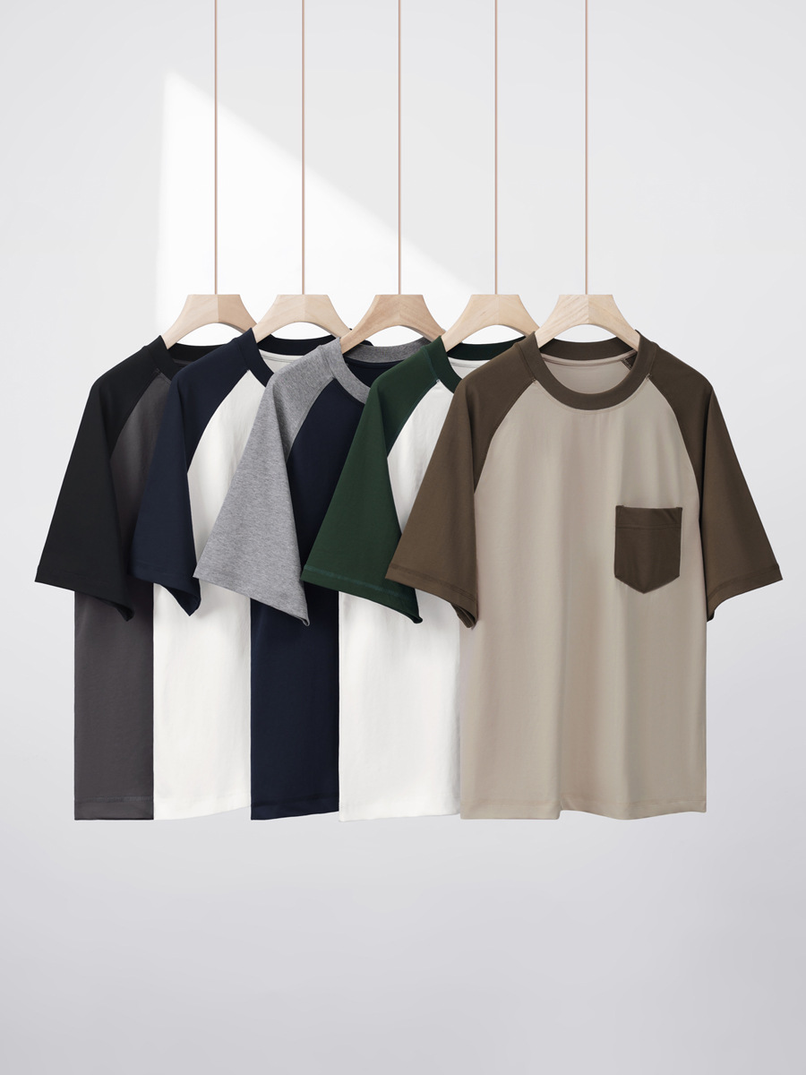 Summer New Japanese-Style 230g Ice-Feel Cotton T-Shirt - Men's Short-Sleeve with Pocket, Color-Block Raglan Sleeve, Unisex Undershirt -78Z