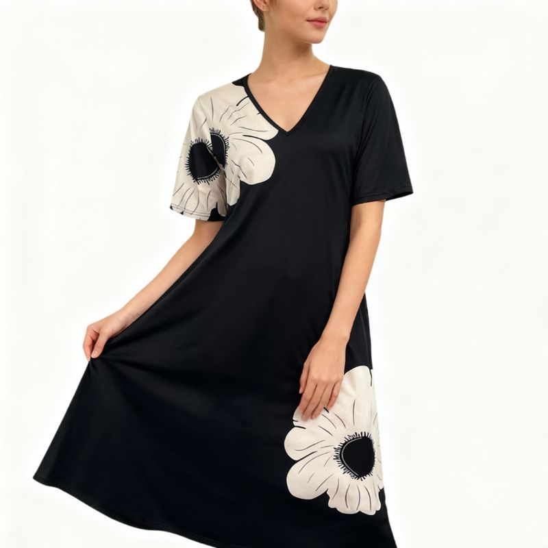 Women's Plus Size V-Neck Short Sleeve Floral Print Maxi Dress - Black Milk Silk Casual Daily Commute Dress-YL25298