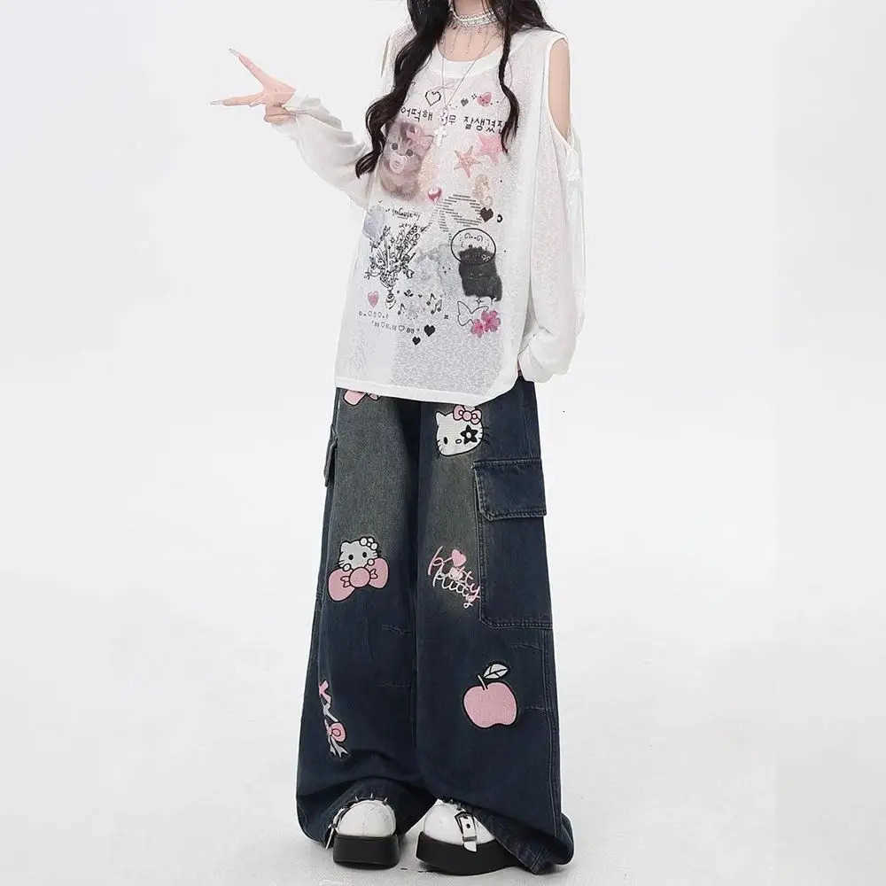 Sanrio Cartoon Retro Women Jeans Y2K Hello Kitty Loose Anime Wide Leg Pants Cute American Straight Leg Pants Sweet Girls Gift L250925