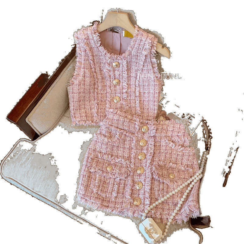 Lanjia- Pink Tweed Chanel Style For Women 2025 Summer New Elegant Socialite Half Skirt And Vest Two-Piece Set Korean 10B5f