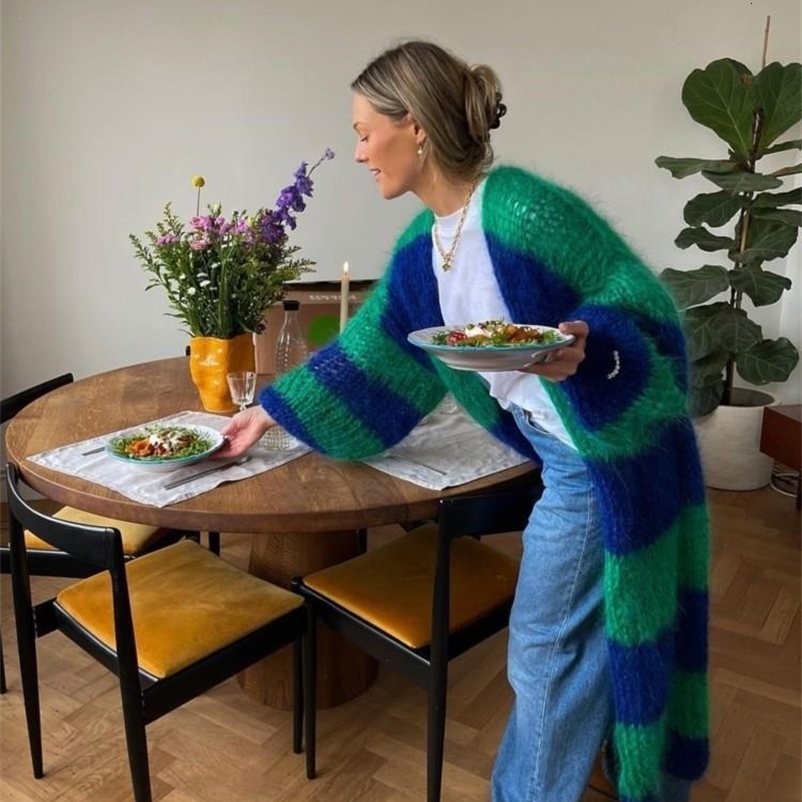 Women's Knits Tees Mohair Stripe Women Knit Splice Cardigans Loose Autumn Winter Vintage Full Sleeve Long Coat Ladies Casual Street Jacket Knitwe