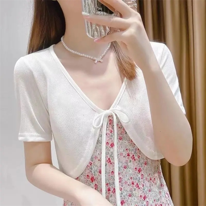 korean fashion Womens Open Front Bolero Shrug Short Sleeve Solid Color Cropped Cardigan Knit Shrug Summer Cover Up 240717