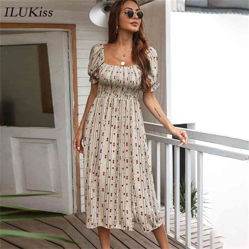 Vintage Short Sleeve Midi Dress Women Summer Fashion Casual Woman Off Shoulder Slim Print Office Ladies Dresses Elegant 210630