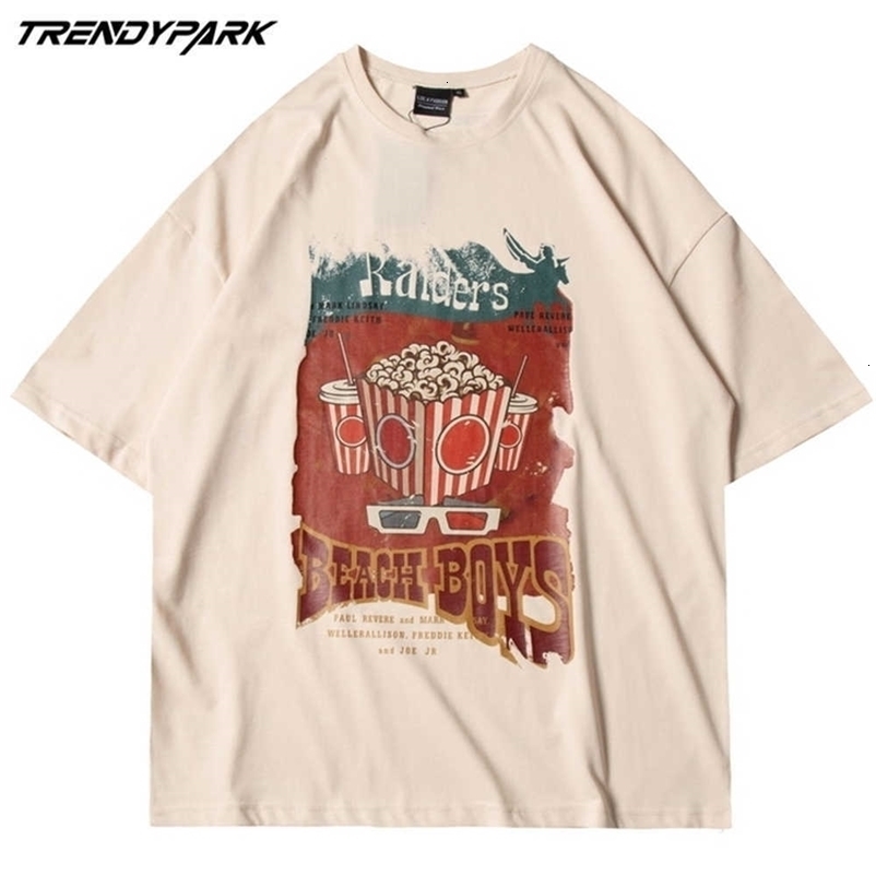 Men's Hip Hop T-Shirt Streetwear Harajuku Popcorn Print T Shirt Cotton Casual Short Sleeve Tshirt Black Shirt Oversized Top Tee 210601