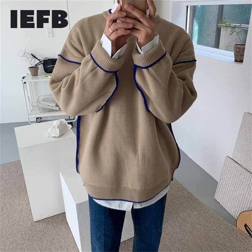 IEFB / men's wear round collar sweater Korean loose trendy kintted tops for male autumn and winter thickened clothes 9Y4246 211008