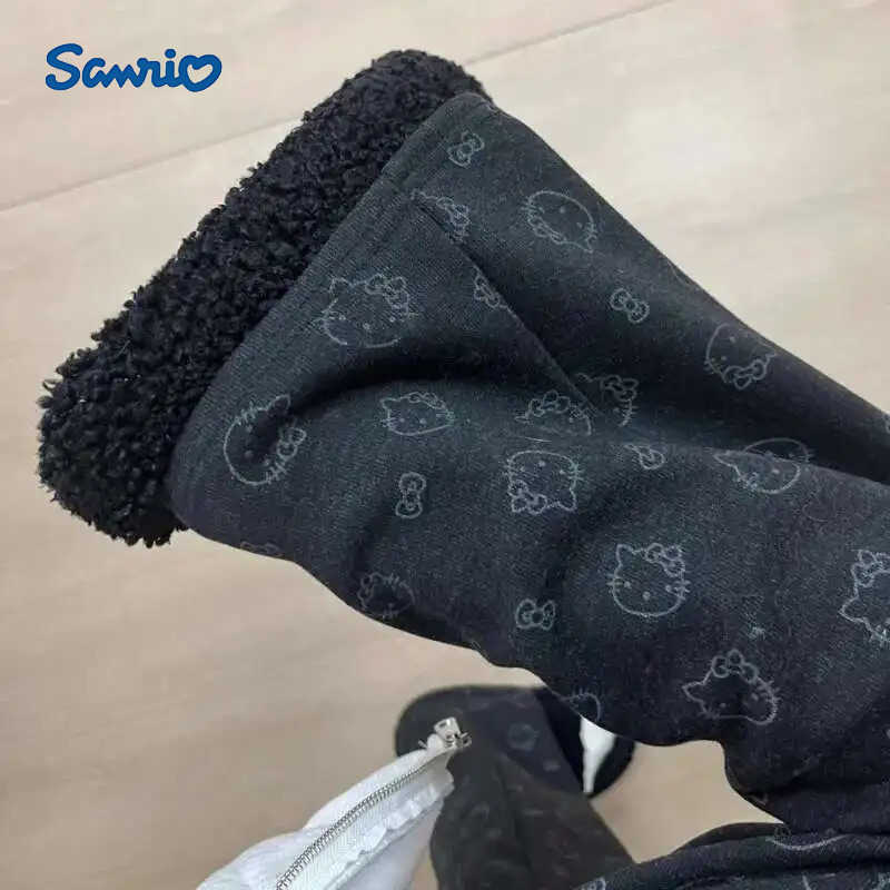 Sanrio Oversized Hellokitty Cute Thick Pant Girls Anime Kitty Printed Kawaii Trousers Elastic Waist Casual Straight Black Pants L250925