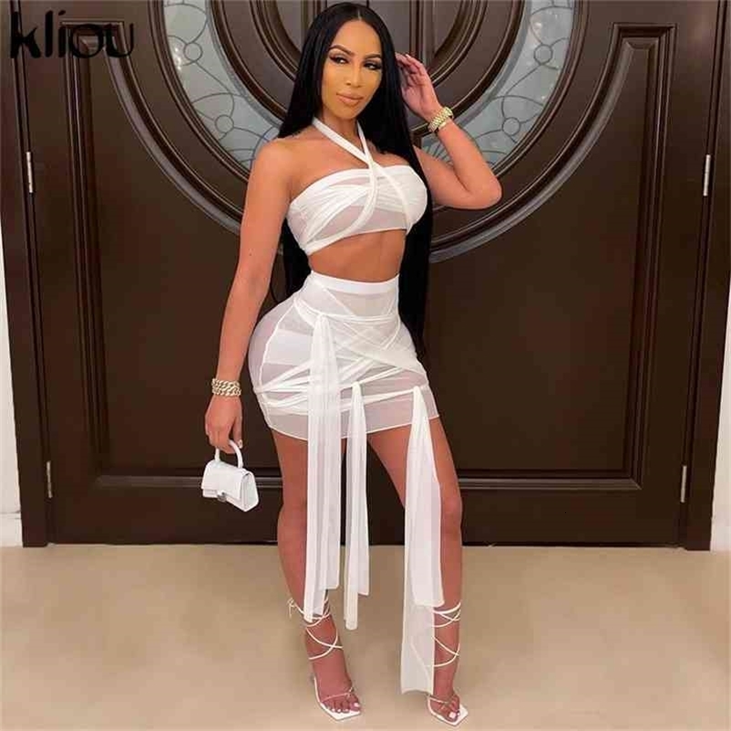 Kliou Halter Ribbons Sheer Sexy Two Piece Set Women Summer Backless Crop Top+Skirts Party Clubwear Matching Outfits 210708