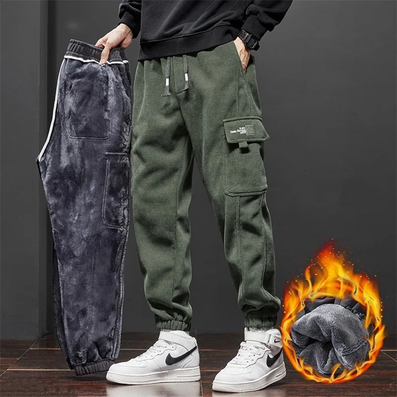 Men's Fleece Corduroy Cargo Harem Pants Winter Thickened Warm Loose Streetwear Joggers Trousers Sweatpants ArmyGreen Black 240126