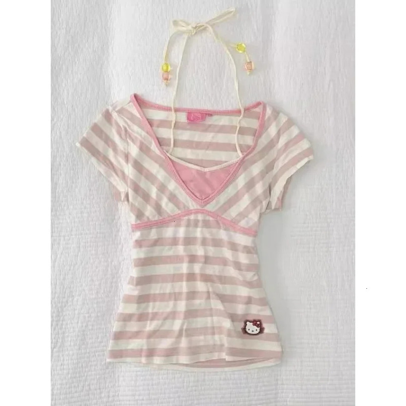 Japanese Cute Pink Striped Tshirt Short Sleeve Y2k Harajuku Retro French Subculture Summer Womens Top 240814