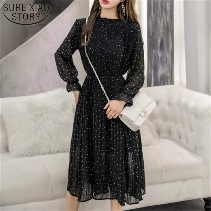 Korean Fashion Women Long Sleeved Polka Dot Pleated Dress Black Vintage ClotheS Spring Lady Long Chiffon Dress 3670 50 210519