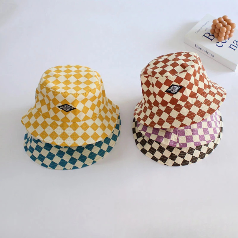 Checkerboard Pattern Kids Bucket Hat Cute Plaid Baby Boys Girls Sun Hat Soft Kids Children Fisherman Panama Caps 250528
