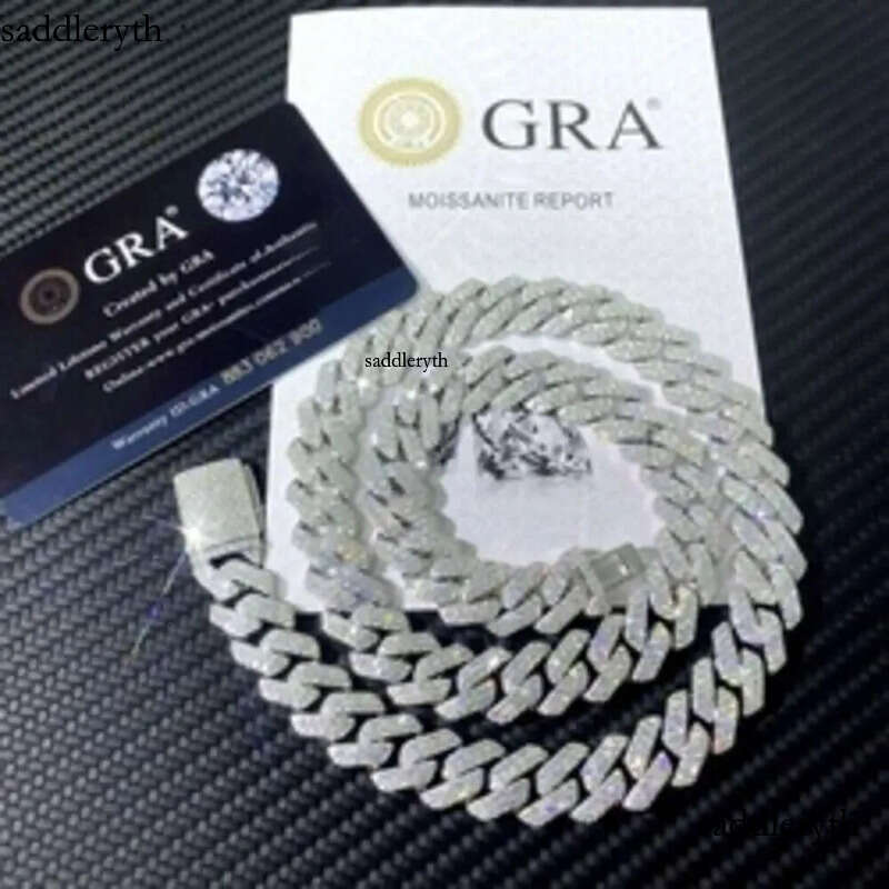 Pass Tester Sier Cuban Link Chain Wide 2rows Solid Moissanite Dia 8mm-20mm Jewelry Set Necklaces Hiphop