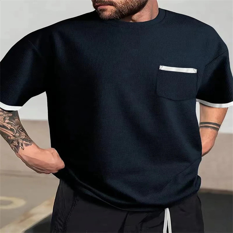 Casual and Simple Style Mens Top Patch Work Bag Fully Matching Texture Handsome Mens Loose Shoulder T-shirt S-2XL 250427